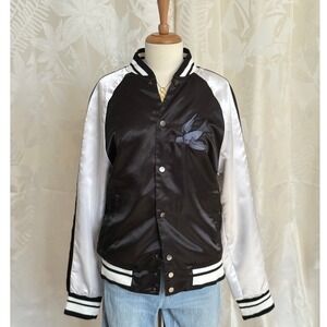 Satin Bomber Jacket Black White Bird Floral Embroidered Baseball Varsity Style‎